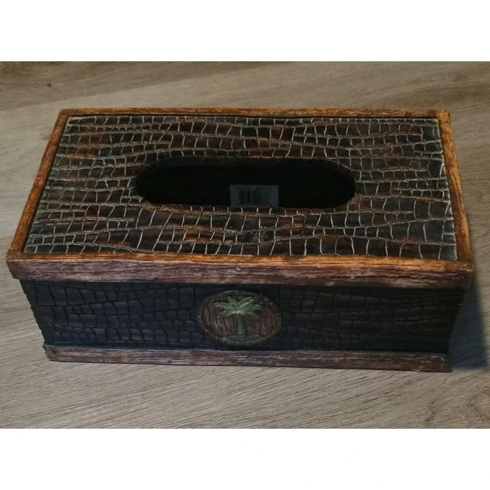Tissue Box Cover,decorative heavy man made composite, brown, palm tree on front